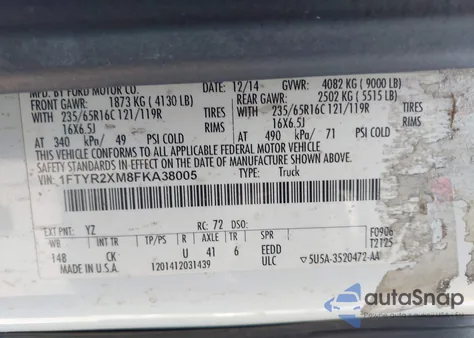 2015 Ford Transit-250 z USA, uszkodzony, nr VIN 1FTYR2XM8FKA38005